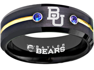 Baylor Bears Ring Black, Gold & Blue CZ Wedding Band | Sizes 6-13 #bu #baylor #bears