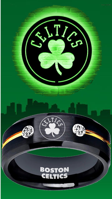 Boston Celtics Ring Clover Black & Gold CZ Wedding Ring Sizes 6-13 #celtics