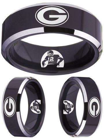 Green Bay Packers Ring | Black & Silver Wedding Ring | Sizes 4-17