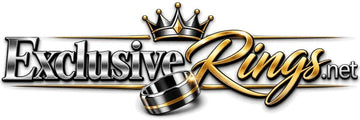 A digital logo banner for 'Exclusive Rings.net' featuring stylized silver and gold lettering, a gold crown, and a metallic band ring on a white background.